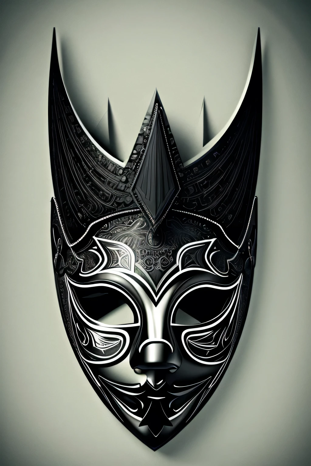 A mask, sleek, with sharp lines and an enigmatic expression, conveying a sense of intrigue and anonymity. black can symbolize power, mystery, and rebellion, silver accents can evoke a sense of regality or nobility, embroidered design with zeros, feminine