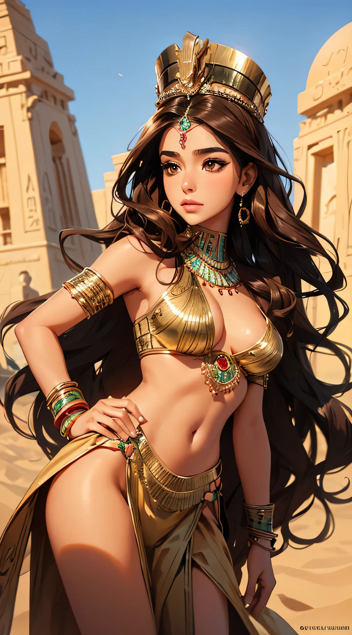 1 woman, beautiful Egyptian woman, 25 years old, wavy brown hair, olive skin, smaller head, brown eyes, toned body, medium breasts, intricate Egyptian clothing, intricate jewelry, masterpiece, ultra HD, realistic masterpiece, blurred background, oasis on the desert, elegant poses, perfect hands, perfect eyes, perfect face, perfect details, sharp focus