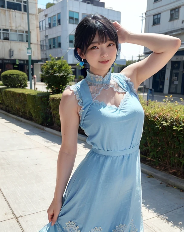 a woman posing on the street corner with light Blue clothes on, highest quality, 1peopleの女の子, Large Breasts, Day, bright, Blur the background, Bokeh, Outdoor, (street:0.8), (people々, crowd:1), (lace trim dress:1.5, Sleeveless dress, Light blue clothes, Light blue high neck dress:1.2, Blue clothes: 1.5), nice, (short hair, amount:1.2), Beautifully detailed skies, Earrings, (Dynamic pose:1.2), (Upper Body:0.8), Soft lighting, Wind, Shiny skin, smile, 