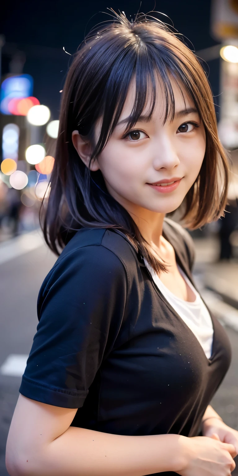 1 Girl, Tokyo Street,night, Streetscape,City lights,Upper Body,close,smile,, (8K, Raw photo, highest quality, masterpiece:1.2),(Realistic, photo-Realistic:1.37),
