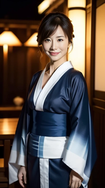 (highest quality,8k,masterpiece),
日本人Mature Woman,40 years,Mature Woman,Pure white skin, Tabletop、
((kimono))、((kimono)) ((Dark blue))、((Collar is the same color)),Random Hairstyles、((The collar is closed))、
,A kind smile、A captivating gaze、Summer festival、Night food stalls、Walking、looks fun、