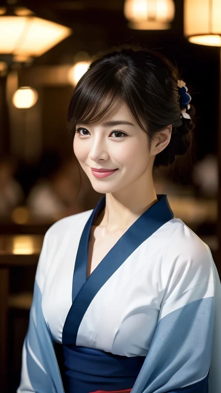 (highest quality,8k,masterpiece),
日本人Mature Woman,40 years,Mature Woman,Pure white skin, Tabletop、
((kimono))、((kimono)) ((Dark blue))、((Collar is the same color)),Random Hairstyles、((The collar is closed))、
,A kind smile、A captivating gaze、Summer festival、Night food stalls、Walking、looks fun、