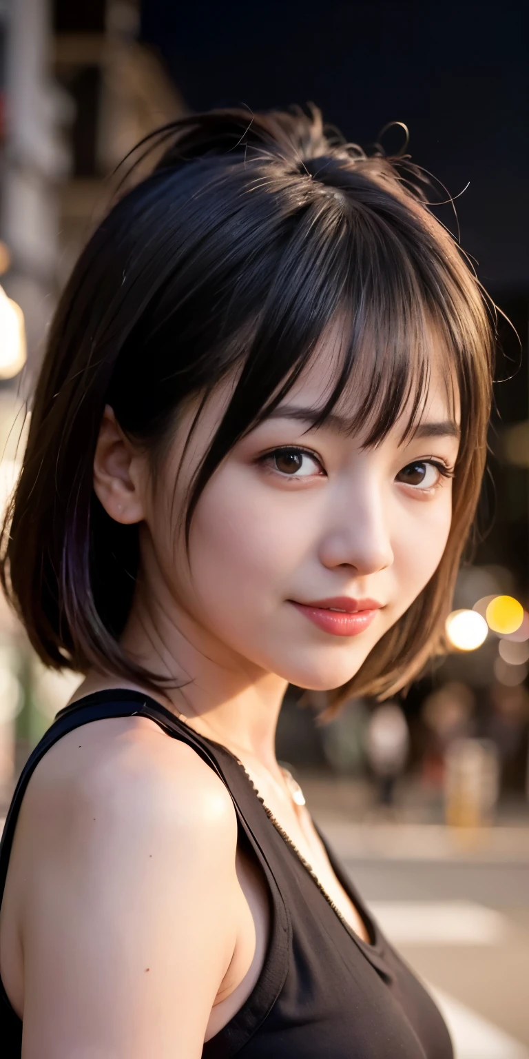 1 Girl, Tokyo Street,night, Streetscape,City lights,Upper Body,close,smile,, (8K, Raw photo, highest quality, masterpiece:1.2),(Realistic, photo-Realistic:1.37),