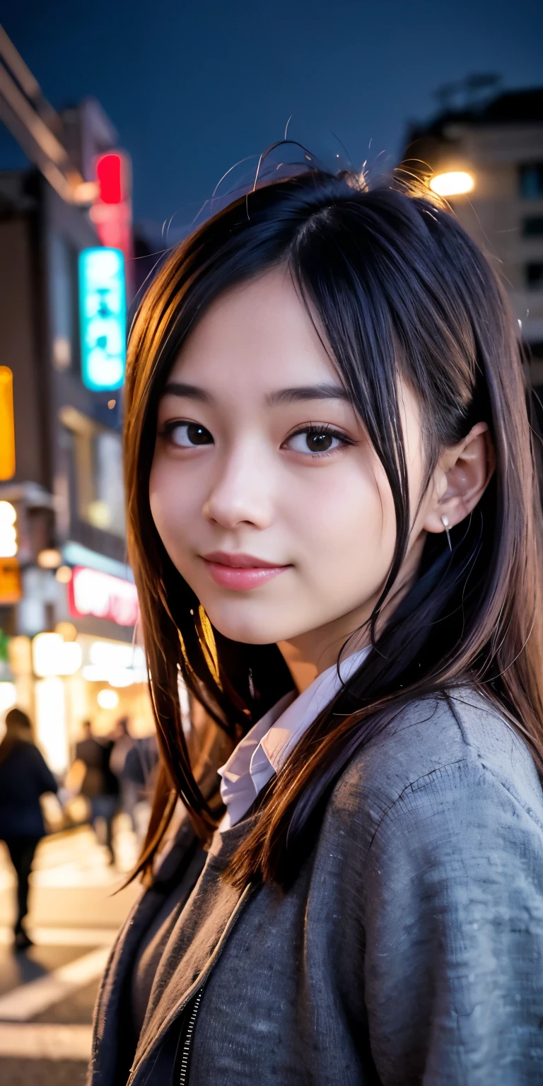 1 Girl, Tokyo Street,night, Streetscape,City lights,Upper Body,close,smile,, (8K, Raw photo, highest quality, masterpiece:1.2),(Realistic, photo-Realistic:1.37),