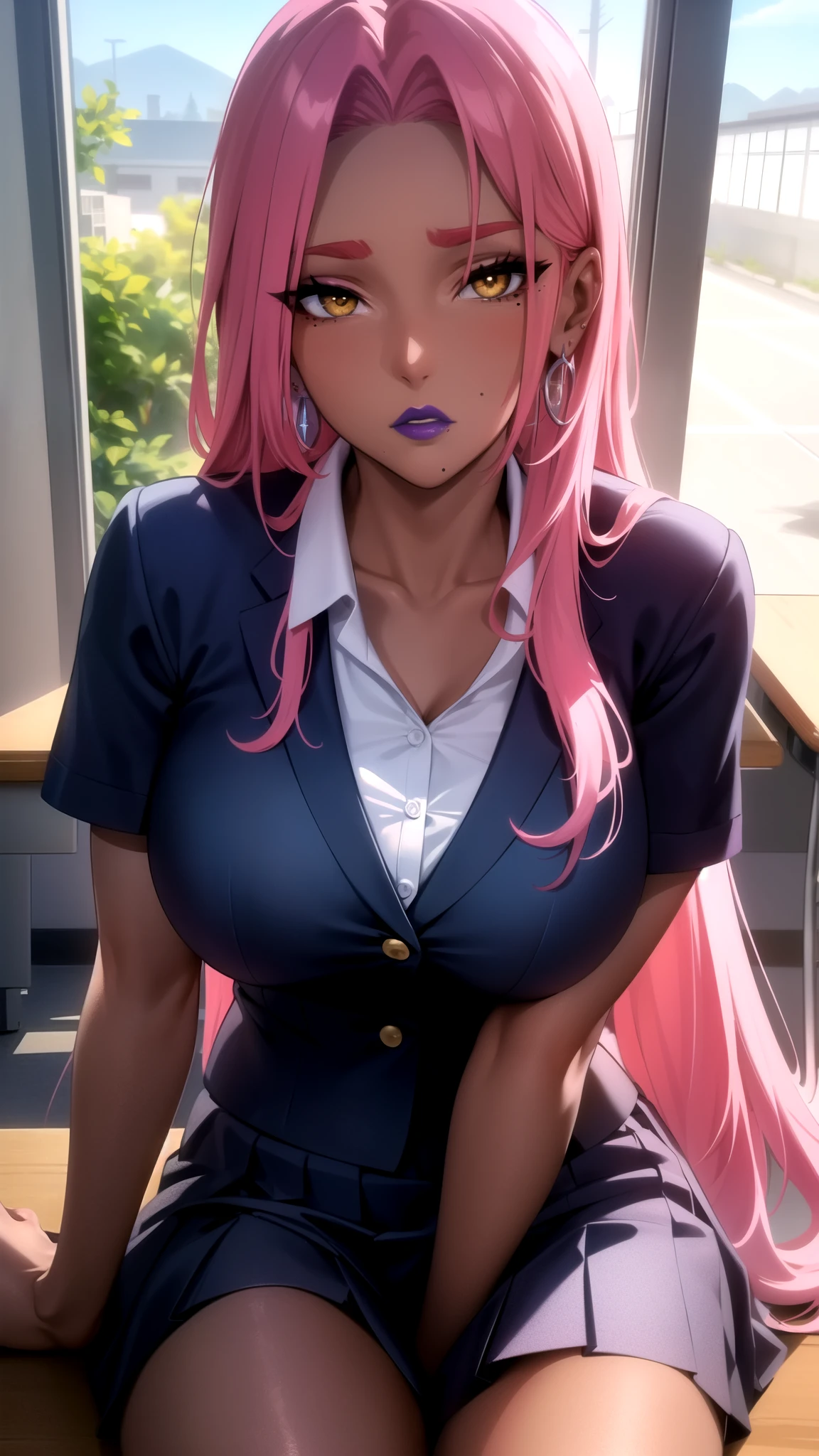 (masterpiece, highres, best quality:1.3), 8K, highly detailed, intricate, colorful, vibrant image, sharp focus, digital blending, 4K, trending on pixiv Ingrid, ((school uniform)), solo, mature female, 40yo, milf, curvy, (dark skinned female:1.15), dark skin, posing, classroom, table, chair, sitting, (expressionless:1.2), looking at viewer, cowboy shot, pink hair, very long hair, forehead, hair intakes, purple lipstick, makeup, mole under mouth, yellow eyes, perfect eyes, perfect face, ultra detailed hair, ultra detailed face, earrings, ultra detailed lips, large breasts, ultra detailed lipstick