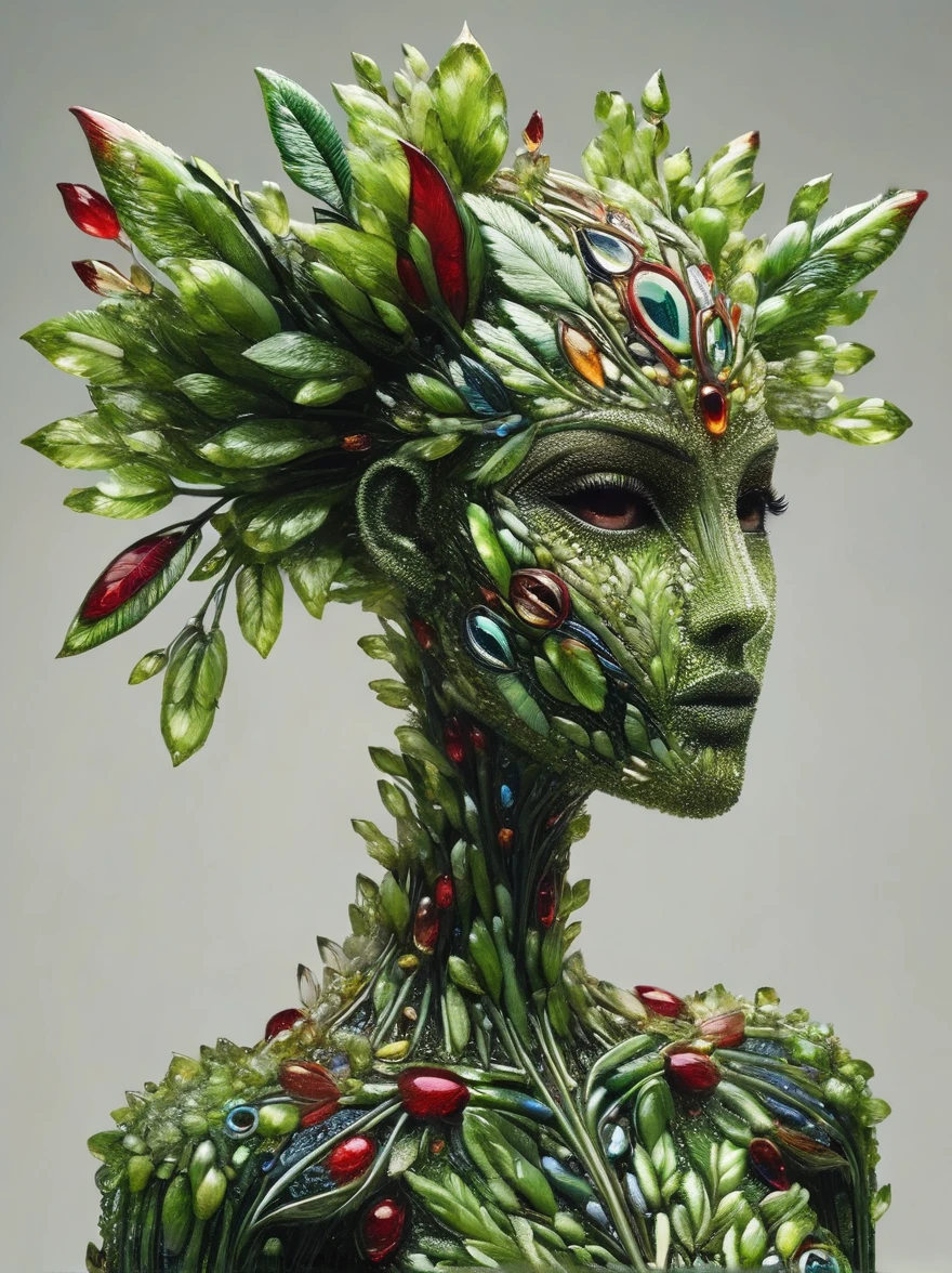 An enchanting humanoid-style plant creature in full bloom, standing upright. It has an overall green body color, with a flower-like structures sprouting around its head. The head is adorned with leaf-like extensions fashioned like a headband. It flaunts a skirt-like structure at its lower half resembling petals of a flower, the array of colors ranges from light green to dark green. Its arms, delicate and slim, end in leafy shapes instead of hands. It also exhibits a pair of oval shaped deep red eyes full of expression adding to its captivating aura.