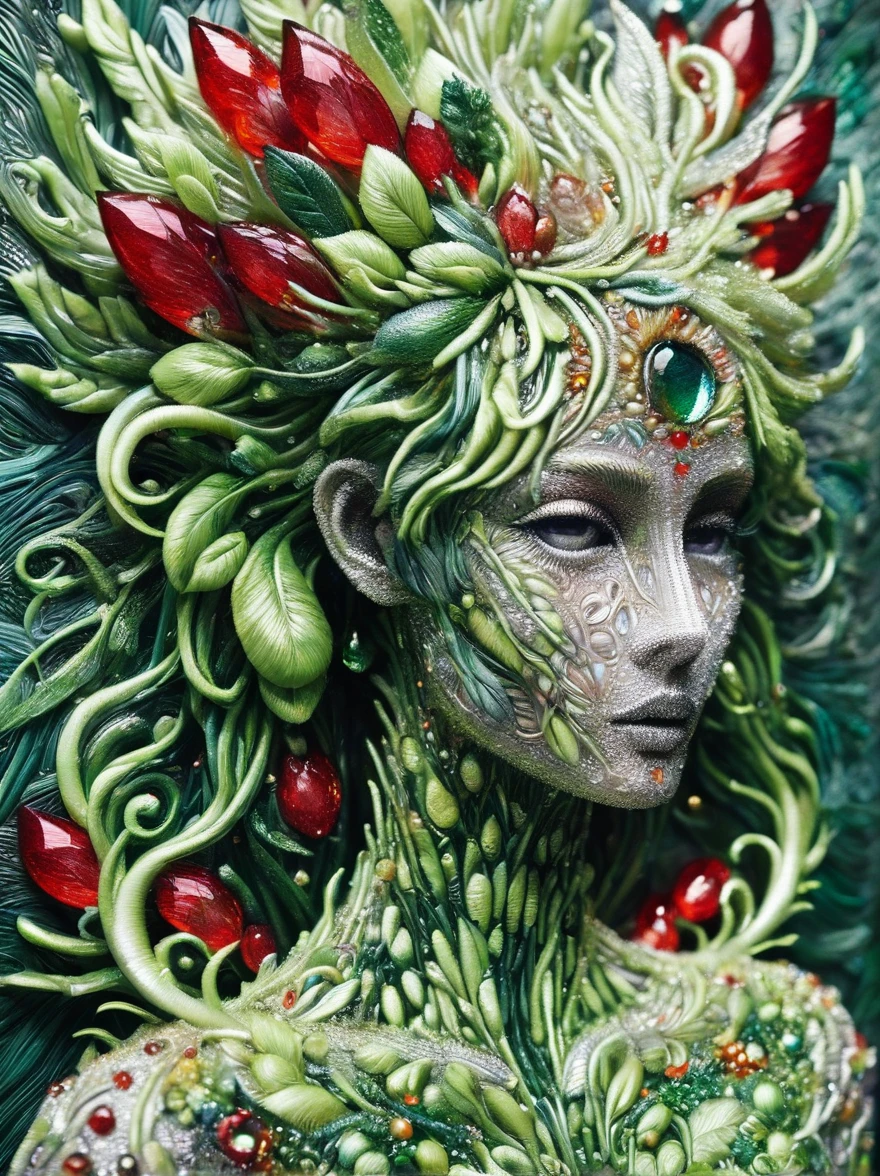 An enchanting humanoid-style plant creature in full bloom, standing upright. It has an overall green body color, with a flower-like structures sprouting around its head. The head is adorned with leaf-like extensions fashioned like a headband. It flaunts a skirt-like structure at its lower half resembling petals of a flower, the array of colors ranges from light green to dark green. Its arms, delicate and slim, end in leafy shapes instead of hands. It also exhibits a pair of oval shaped deep red eyes full of expression adding to its captivating aura.