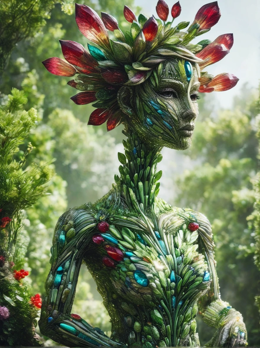 An enchanting humanoid-style plant creature in full bloom, standing upright. It has an overall green body color, with a flower-like structures sprouting around its head. The head is adorned with leaf-like extensions fashioned like a headband. It flaunts a skirt-like structure at its lower half resembling petals of a flower, the array of colors ranges from light green to dark green. Its arms, delicate and slim, end in leafy shapes instead of hands. It also exhibits a pair of oval shaped deep red eyes full of expression adding to its captivating aura.