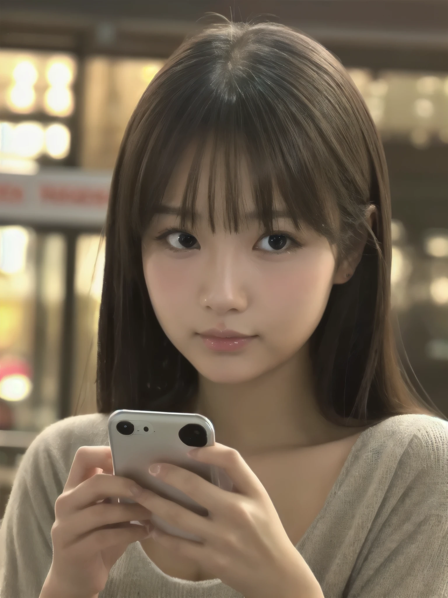 Japanese women, Age 35, (Realistic), (Hyperrealism), (photoRealistic), (8k resolution), Written boundary depth, (Upper Body:1.2), Highly detailed face, Beautiful Eyes, Cute face, various expressions, Various Hair Styles, (Small breasts:0.9), (Very small waist:0.7), Casual clothing、Holding a mobile phone、