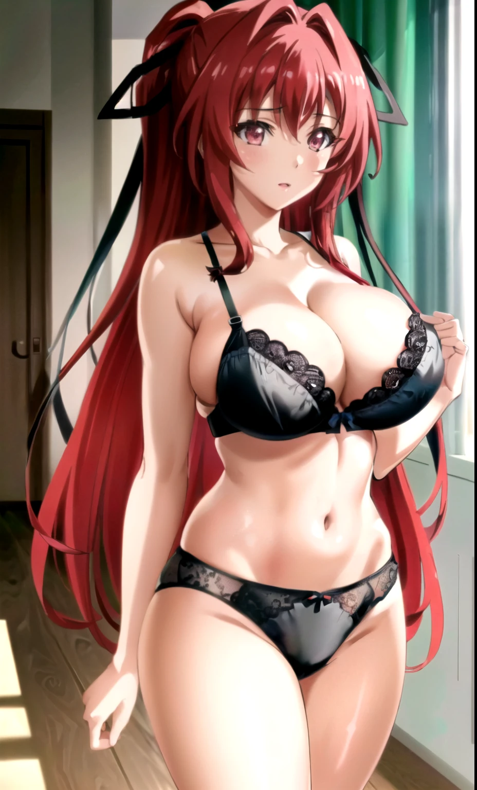 Naruse Mio, 1 Girl, , Red hair, Solitary, Long hair, hair ribbon, ribbon, breast, 红Eye,1 girl, 20 years,Young women,fair Finger,fair long legs,fair body, fair Nose,fair character design, perfect Eye, perfect Face,expressive Eye,Perfect balance, Looking at the audience,(Focus on her Face),Shut up, (Innocent_Large target_Eye:1.0),(Light_Smile:0.3), official art,Extremely detailed CG Unity 8K wallpaper, Perfect lighting,rich and colorful, bright_front_Face_Lighting,White skin, (masterpiece:1.0),(the best_quality:1.0), Ultra-high resolution,4K,Super detailed, photography, 8k, HDR, high resolution, absurd:1.2, Kodak Portrait 400, Film Grain, Blurred background, Bokeh:1.2, 鏡頭Light暈, (Energetic_color:1.2),专业photography师, (fair,Large target_breast:1.4), (fair_Face:1.5),(narrow_waist),black underwear,black lace,black bra, black underwear, blacklingerie, Slim sexy body, full body