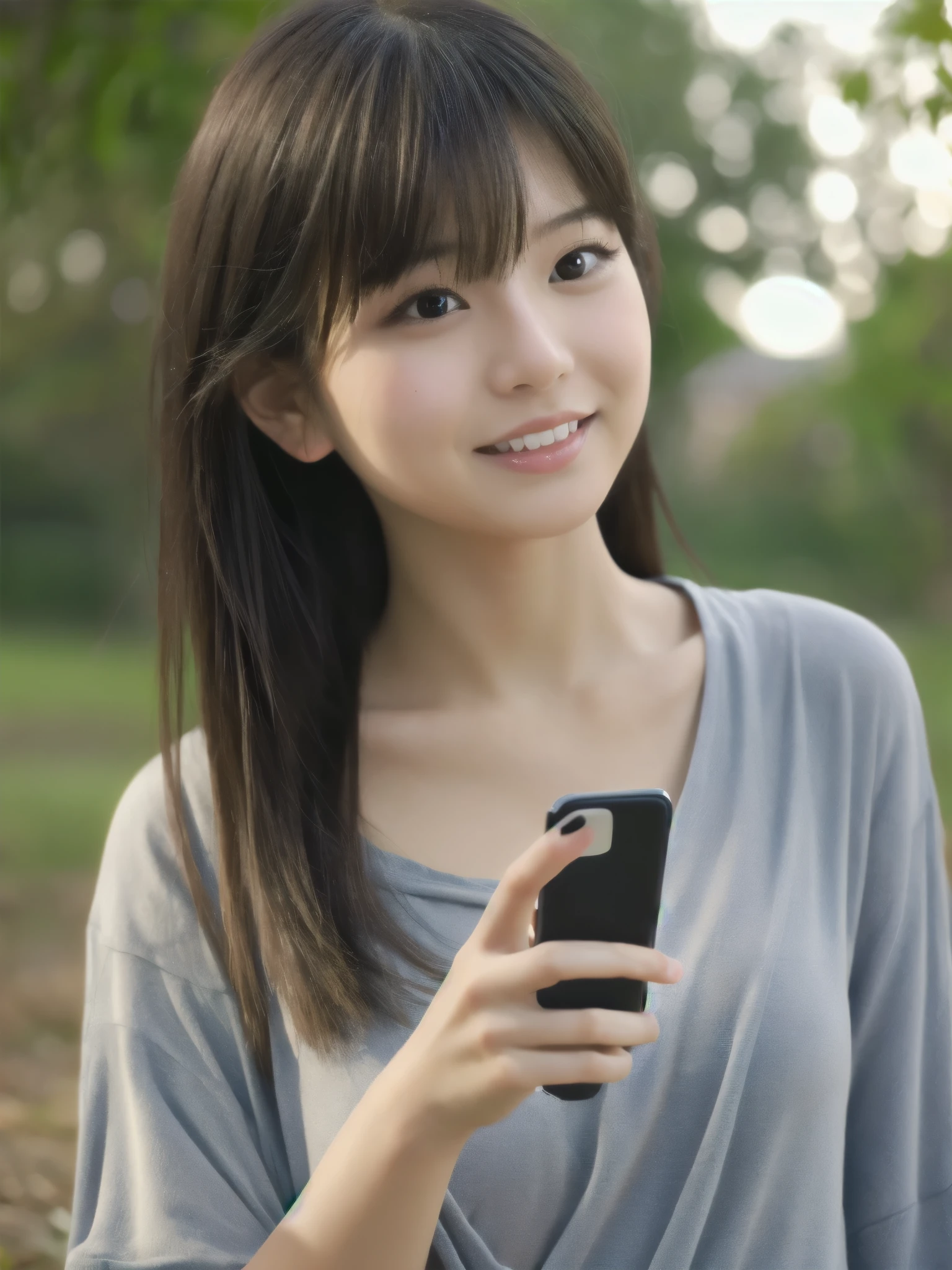 Japanese women, Age 35, (Realistic), (Hyperrealism), (photoRealistic), (8k resolution), Written boundary depth, (Upper Body:1.2), Highly detailed face, Beautiful Eyes, Cute face, various expressions, Various Hair Styles, (Small breasts:0.9), (Very small waist:0.7), Casual clothing、Holding a mobile phone、
