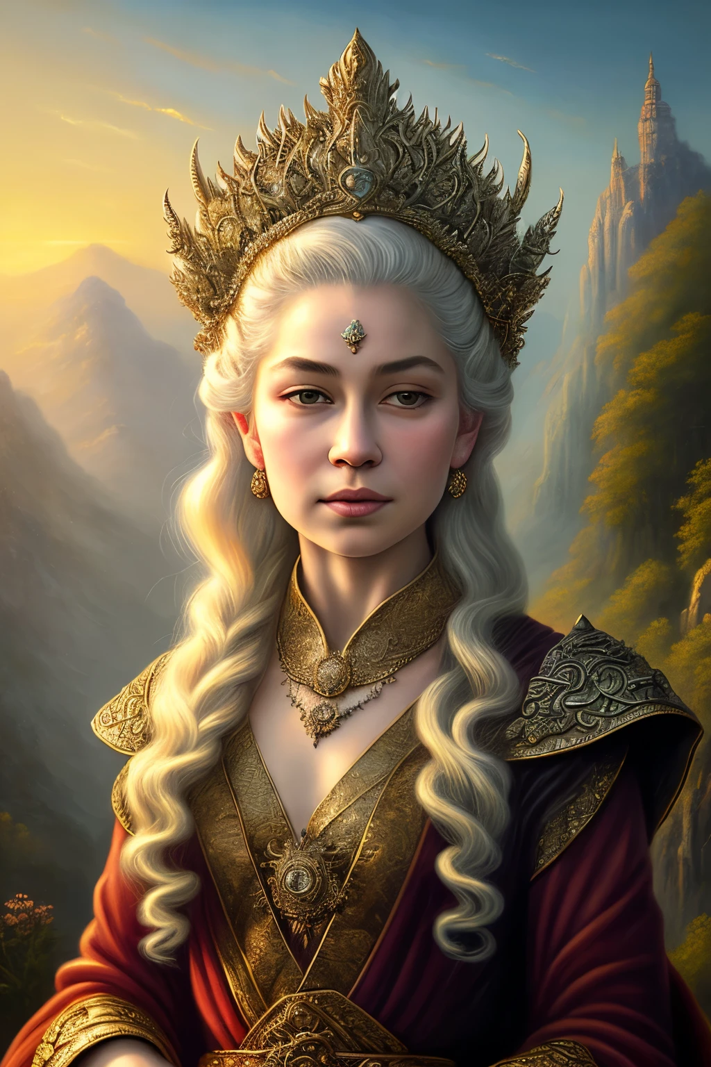 (masterpiece) An exquisitely detailed painting of Lord Dany, the Queen of Danyland, created by Marie Jean Koh in 2008. The portrait showcases Lord Dany in a regal and majestic pose, wearing intricately designed robes in rich hues, surrounded by lush greenery and golden accents. His piercing gaze radiates wisdom and leadership, while his expression conveys confidence and strength. The background showcases a serene and idyllic landscape, with a setting sun casting warm and delicate hues over the scene. The overall painting exudes an ethereal and dreamlike quality, with every brushstroke bringing the intricacies of the scene to life