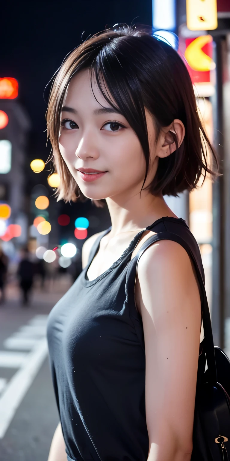 1 Girl, Tokyo Street,night, Streetscape,City lights,Upper Body,close,smile,, (8K, Raw photo, highest quality, masterpiece:1.2),(Realistic, photo-Realistic:1.37),