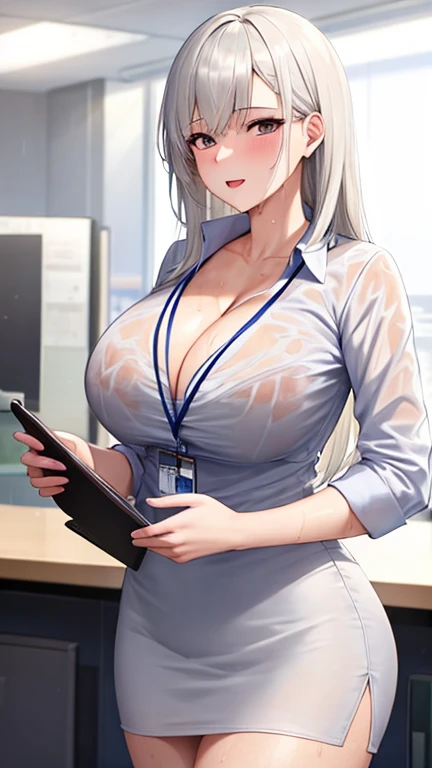 8k, RAW photo, best quality, masterpiece:1.2,1girl,mature female,cleavage,((White_hair:1.2)), (office_lady),cowboy shot、(wet skin:1.2),