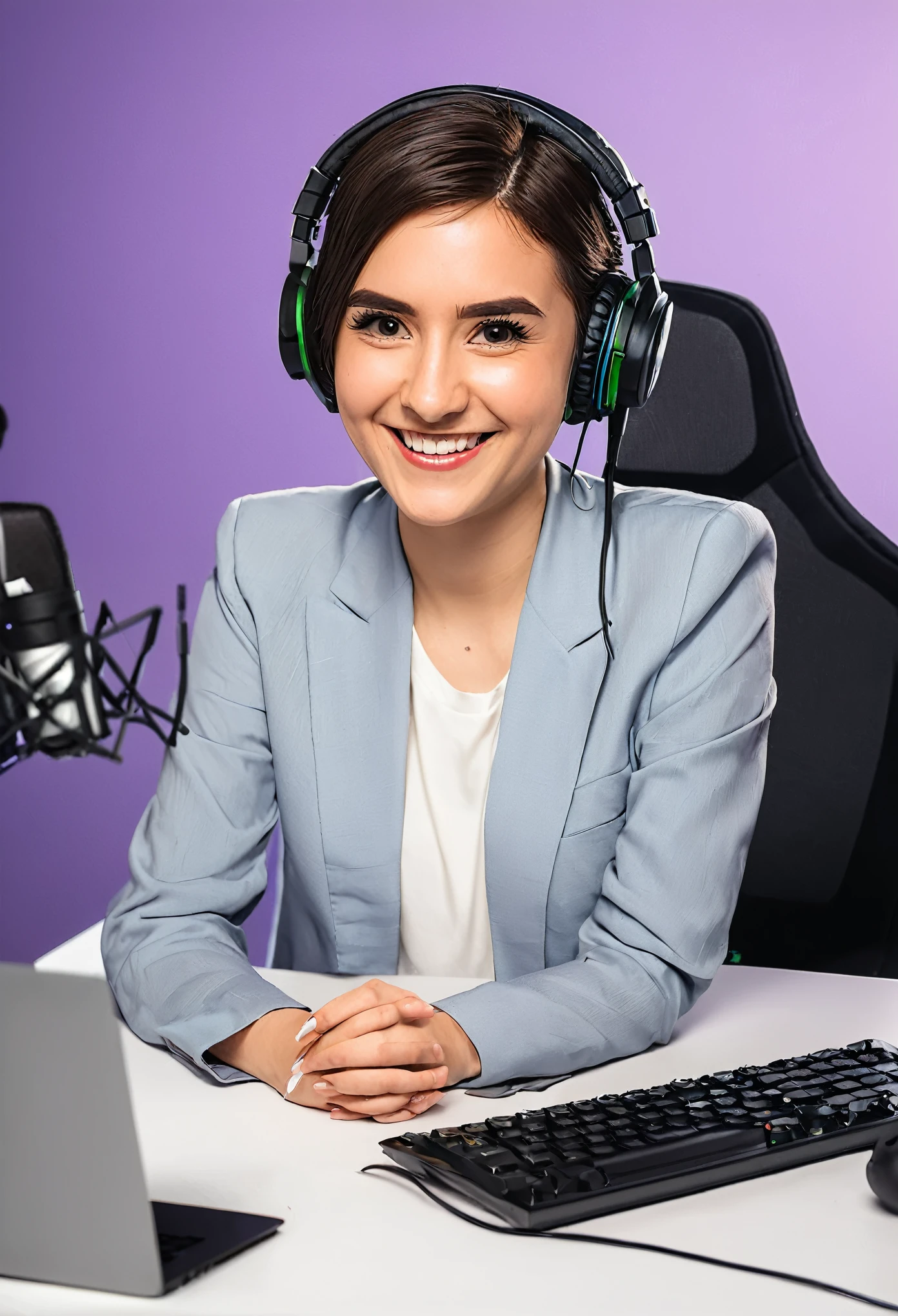 A woman sitting at a desk with a laptop and microphone, sitting in front of a microphone, Twitch streamer, Twitch streamer/gamer Ludwig, giving an interview, accurate portrait, taking control while smiling, H3H3, with a happy expression, accurate representation, in front of a computer, trending art, Shutterstock, studio shot, very expressive, realistic anime, drawn,