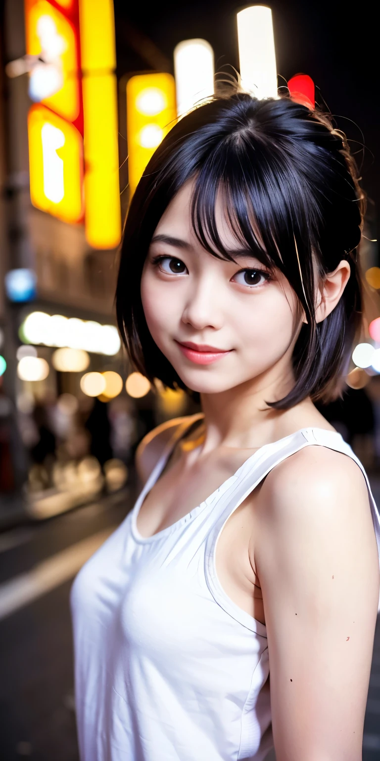 1 Girl, Tokyo Street,night, Streetscape,City lights,Upper Body,close,smile,, (8K, Raw photo, highest quality, masterpiece:1.2),(Realistic, photo-Realistic:1.37),