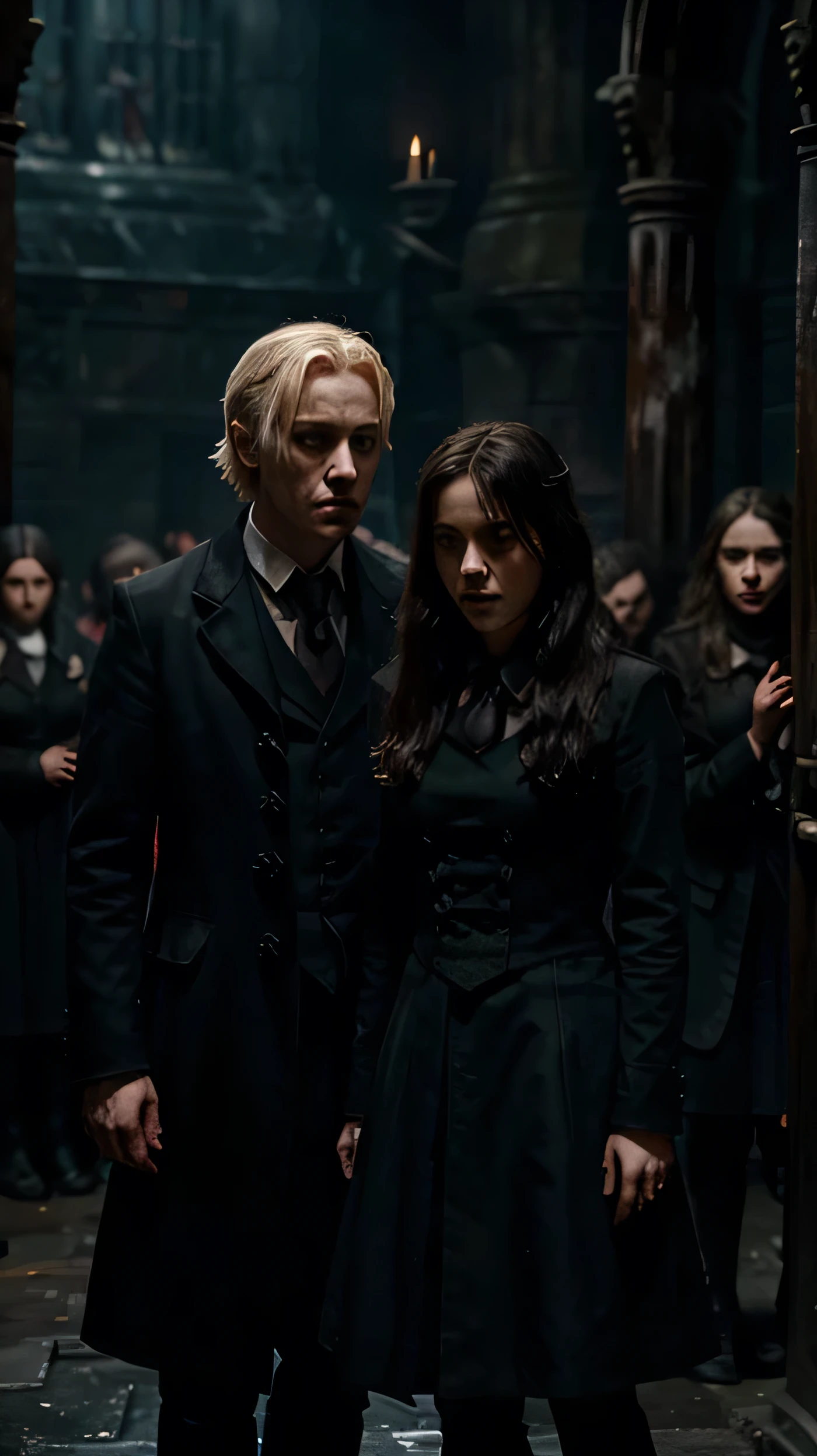 Draco Malfoy and Hermione Granger find themselves amidst a scene of bloody sacrifice, surrounded by sinister snakes in a gothic setting. The air is heavy with tension as shadows dance eerily around them, casting an ominous pall over the grim ritual unfolding. Despite the danger, Draco's icy resolve and Hermione's determined gaze reflect their unwavering determination to confront the darkness lurking in this macabre scene