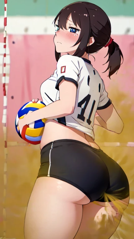 Girl fart, on volleyball court, farting while playing volleyball, turns to look back, wearing volleyball jersey and booty shorts, asian girl, tomboy, stomach bloated, hands hugging stomach, pained expression, surprised and embarrassed, tears in eyes, blushing, beautiful and cute face, anime art style, fit body, tall and thin, side view
