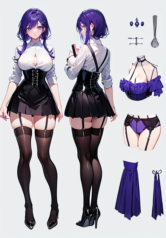 Purple Hair,Shortcuts,Adult female,(((bartender))),((Body Harness)),((Rolling up your sleevesＹshirt)),(corset),mini skirt(Short skirt),((garter belt)),High heels,((Simple Background)),smile,((Full Body)),((full body)),((whole body)),Character Sheet,