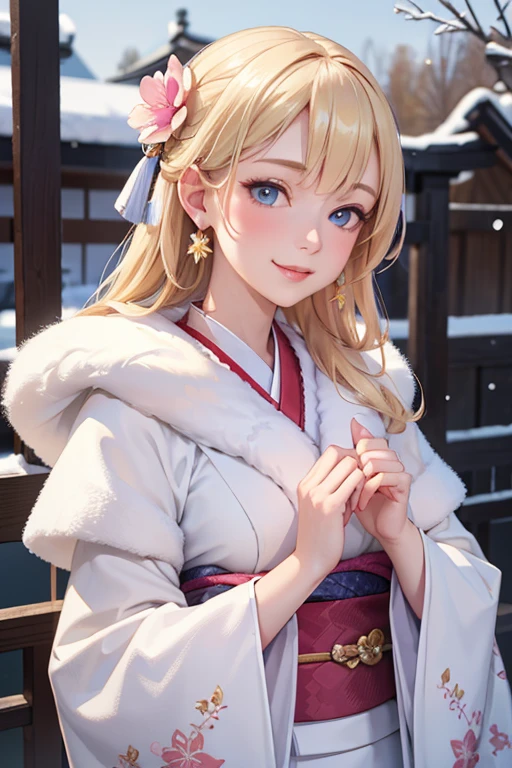 Very detailed CG Unity 8K wallpaper, Cute One lady, Mature blonde lady ,beautiful lady, pale skin (Super masterpiece, Beautiful person, well detailed face polluted smile, Photorealistic, hyper realisitic), Colorful winter kimono in gold and white colors、(white fur)、Japanese Style Hair Accessories、smile、Japanese background with pink flowers and snow、Portrait、Light blue eyeid-chest、Glowing Skin、A straight nose