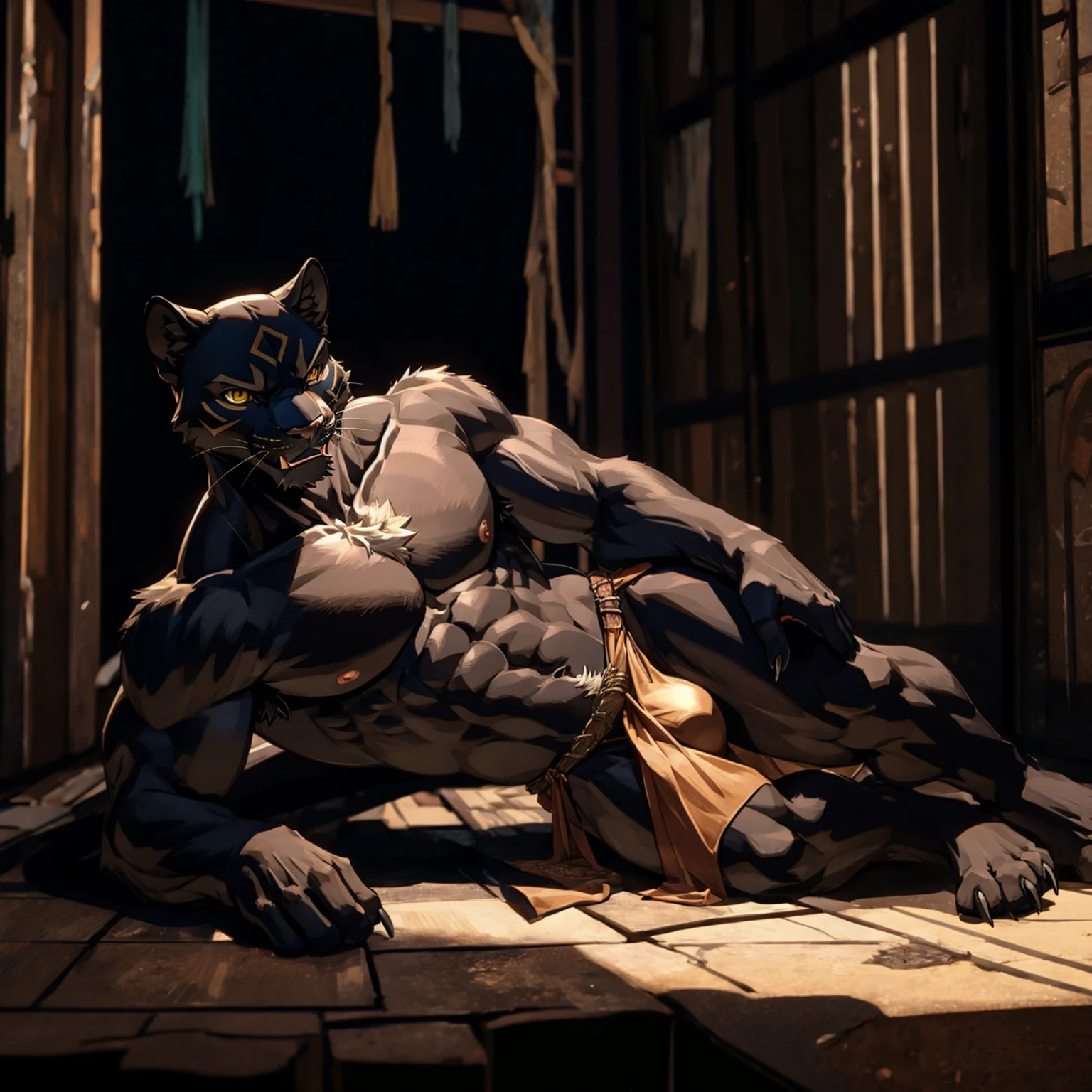 animal、The whole body of an abnormally thin black panther、Wild male black panther、A body with very little abdominal muscle、Black Ass、black body hair all over、Angry black panther expression、Very thin body、Hairless head、Golden anime eyes、Very long black pubic hair、Very long and profuse armpit hair、tongue、Sharp Fangs、Black Panther Tail、Slum background、The situation in the slums、Black Panther Claws、Sharp Claws、A composition that captures the whole body、Pose of someone falling down in the slums、A pose of someone collapsed in a limp state、Lying on the ground、Brown loincloth、A loincloth with a large bulge in the crotch