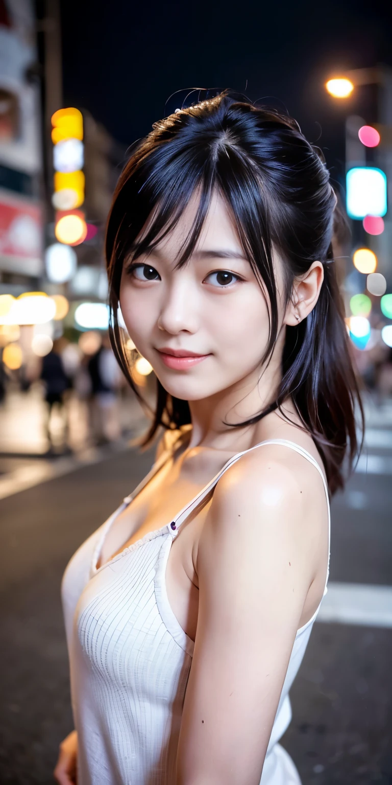 1 Girl, Tokyo Street,night, Streetscape,City lights,Upper Body,close,smile,, (8K, Raw photo, highest quality, masterpiece:1.2),(Realistic, photo-Realistic:1.37),