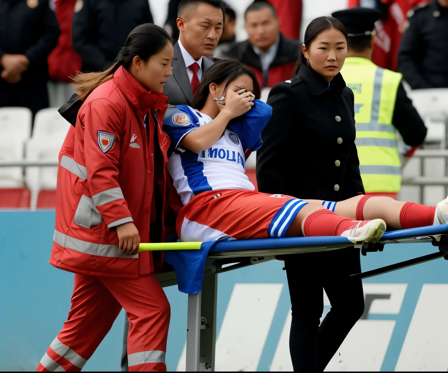 A scene at a soccer stadium in Mongolia, There is an attractive and heavily made-up Mongolian female police officer in a long black leather coat, A Mongolian female police officer in a shiny black leather coat on a soccer field, A Mongolian female police officer is holding a stretcher, A man is lying on the soccer stadium his back with his torso on the right in matt and roughened white and red sportswear on a stretcher, a man lies on a stretcher and has his left arm bent over his face, we only see the torso and thighs of the male athlete who is being carried with the stretcher to the left off the picture, the man lies on his back on the stretcher and covers his face with his bent left arm, the mongolian policewoman is exceptionally heavily made up and has an extremely desperate and very angry expression on her face, high-resolution photo, realistic sports photo, soccer scene, mongolia, mongolian policewoman, uniformed woman in black shiny long leather coat, injury scene, real photo, ultra realistic, high definition, sports photography