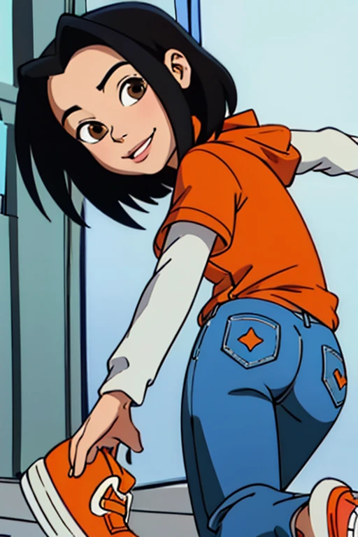 jadechan, short black hair, brown eyes, orange hoodie, short sleeves, white long sleeves, blue jeans pants, looking at viewer, shy, masterpiece, full length, ass, tilted, cum on clothes, cum on ass, cum on hair, cum on face, happy smiling 