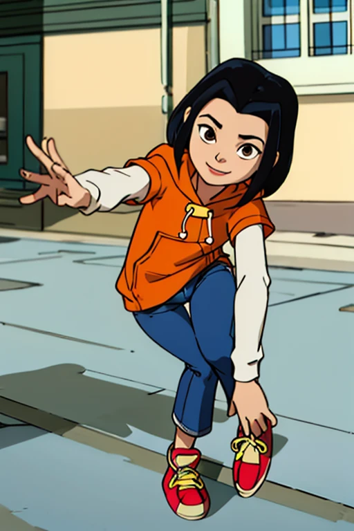 jadechan, short black hair, brown eyes, orange hoodie, short sleeves, white long sleeves, blue jeans pants, Red sneakers, looking at viewer, shy, masterpiece, full length, ass, tilted, happy smiling, hand stroking breast, flat torso