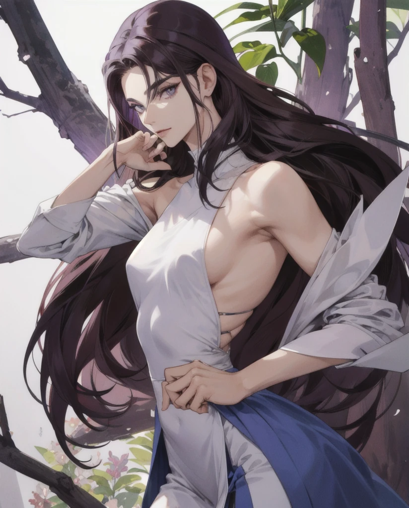 Mulher jovem, loira com cabelos longos, lilac eyes, imagem de alta qualidade, corpo voluptoso, junto com homem alto com ombros largos e peito forte, estilo anime, o homem tem cicatriz de garra na bochecha direita, shoulder-length dark hair and a thin beard, segurando-a pela cintura de forma posessiva