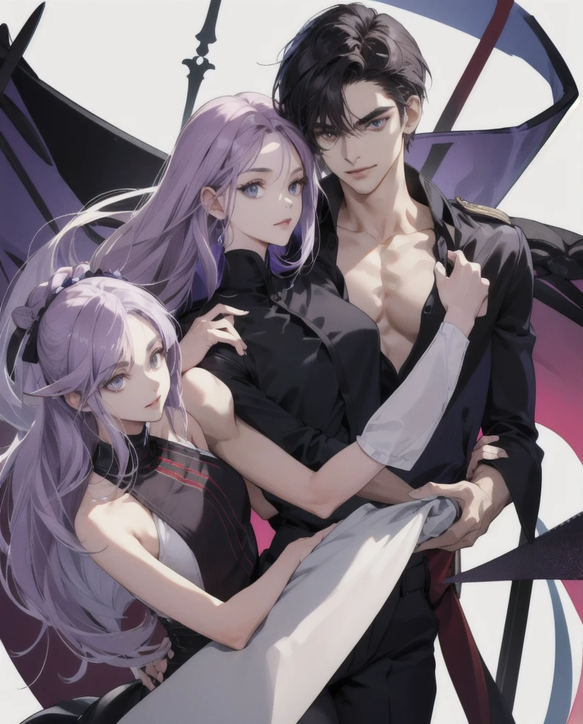 Mulher jovem, loira com cabelos longos, lilac eyes, imagem de alta qualidade, corpo voluptoso, junto com homem alto com ombros largos e peito forte, estilo anime, o homem tem cicatriz de garra na bochecha direita, shoulder-length dark hair and a thin beard, segurando-a pela cintura de forma posessiva