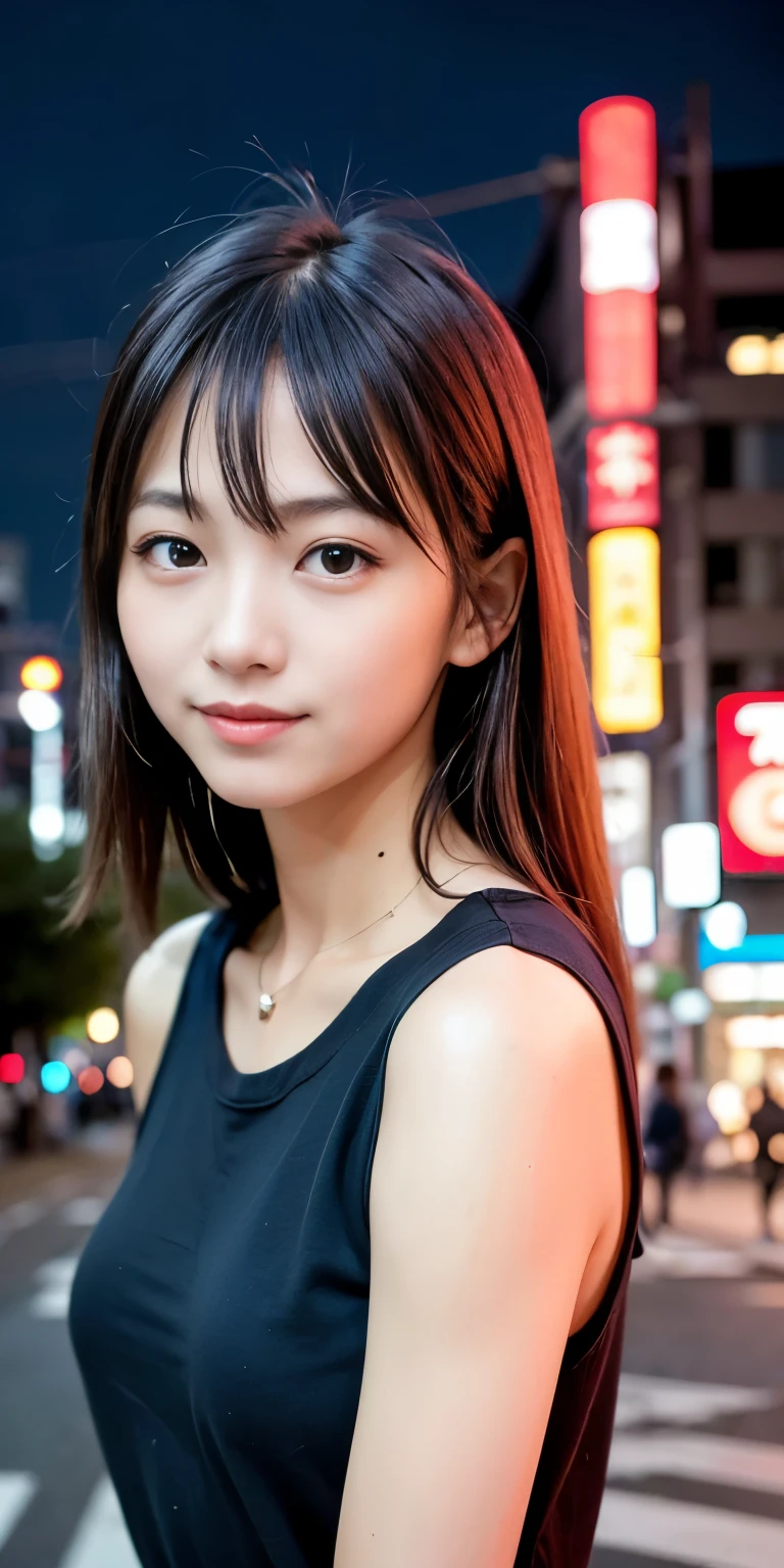 1 Girl, Tokyo Street,night, Streetscape,City lights,Upper Body,close,smile,, (8K, Raw photo, highest quality, masterpiece:1.2),(Realistic, photo-Realistic:1.37),