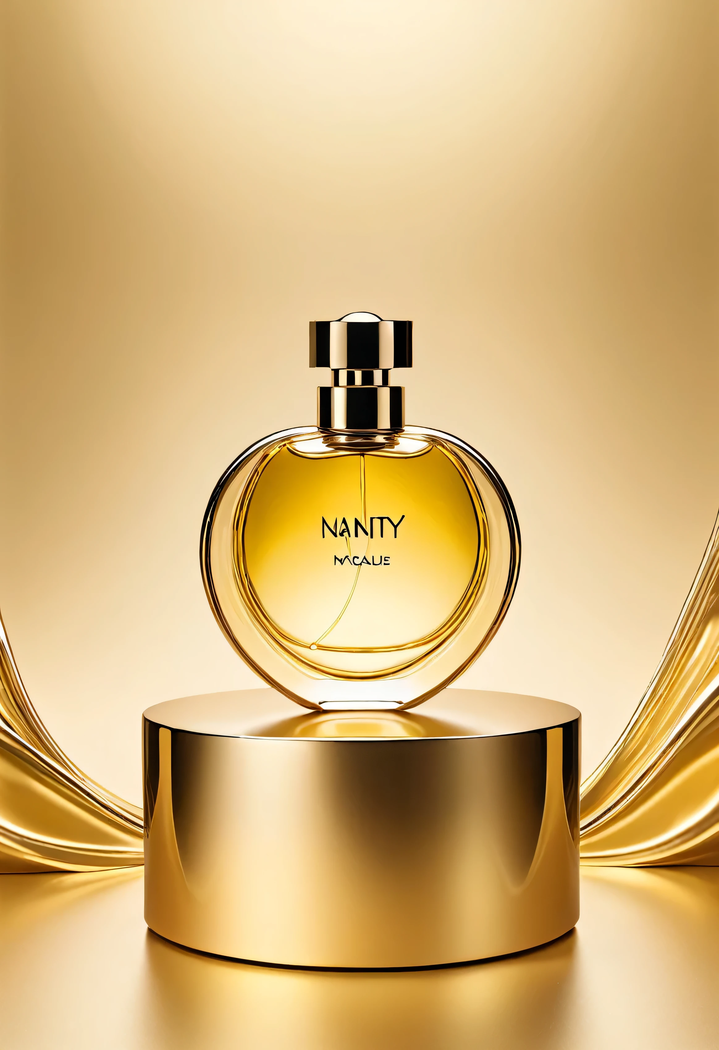 make a neutral gold background with infinity background and a smooth platform for product presentation (um perfume)
