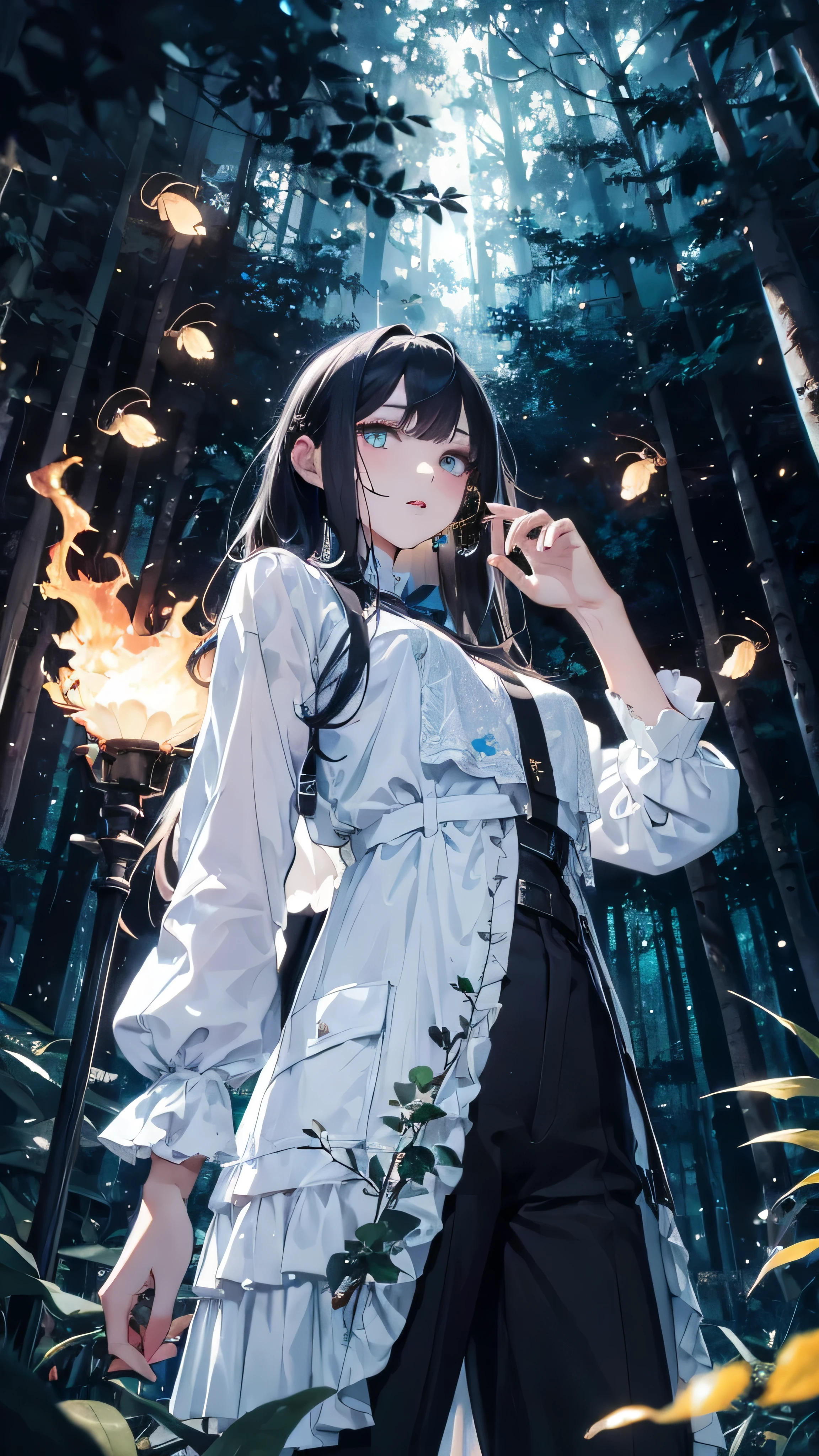 (absurdres, highres, ultra detailed), masterpiece, best quality, a girl in white noble outfit, beautiful, finely eye, detailed face, black long hair, vibrant blue eye, night forest,Full of fireflies, dark background, from below, look down, cowboy shot, full of green glowing fireflies.