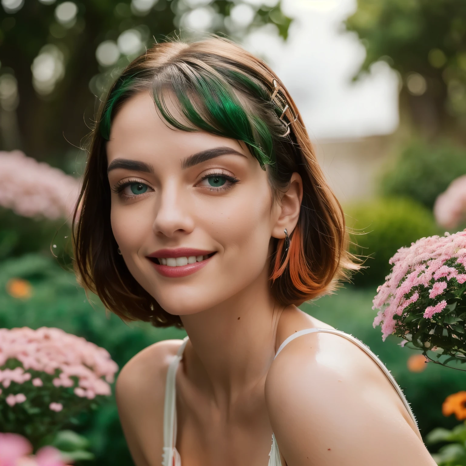 (Extreme Detail CG Unity 8K wallpaper, masterpiece, highest quality), (exquisite lighting and shadow, highly dramatic picture, cinematic lens effect), (Leeloo: 1.4), delicate facial features, charming smile, star eyes, ((dark green hair)), tight top, white gloves, mini skirt, dynamic pose, lying in the garden), (background in a garden full of flowers) (excellent detail, outstanding lighting, wide angle), (excellent rendering, enough to be proud of its kind)
