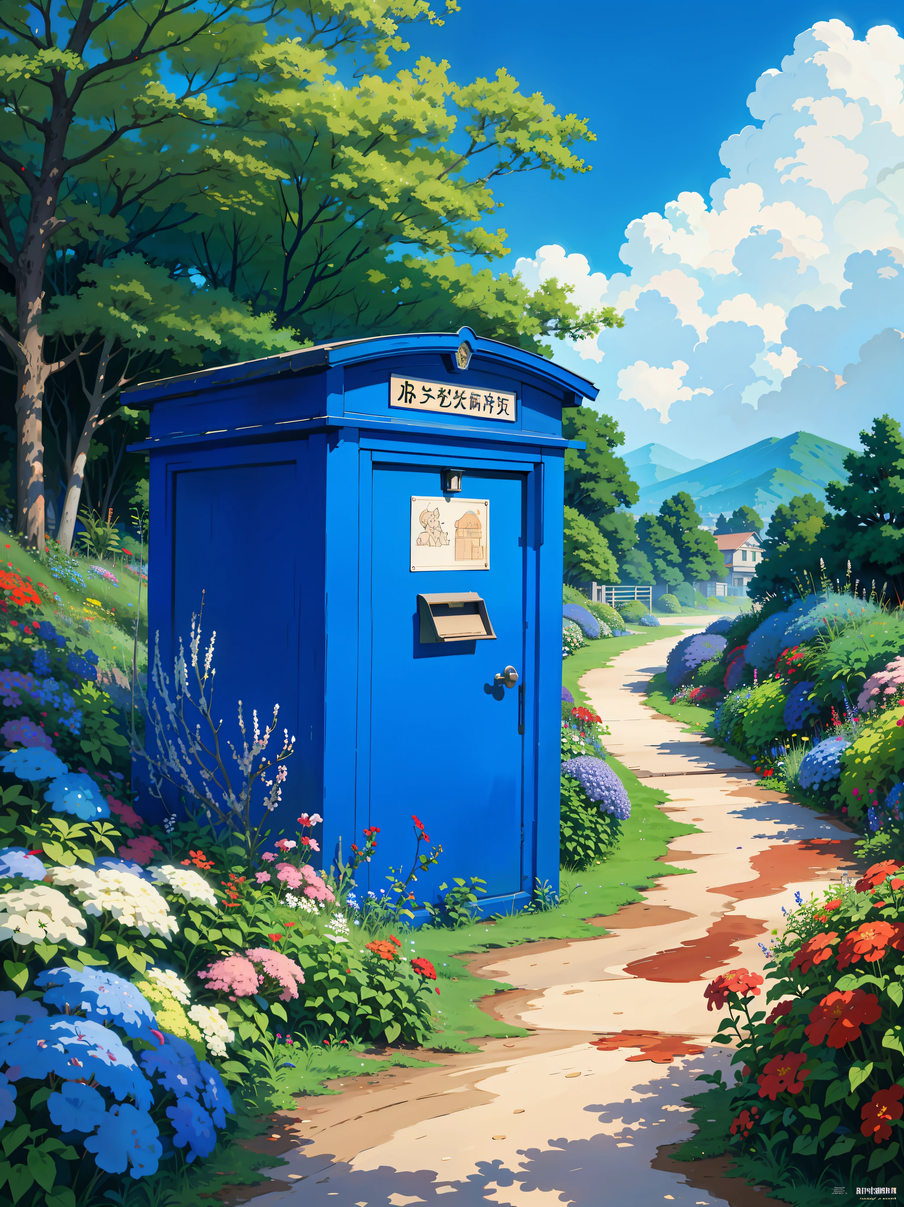 a painting of a red post box roadside surrounded by blue flowers, trees, plants, greenery, multicolored flowers, dirt road, letterbox, ghibli studio art, blue wall, studio ghibli environment, by Shin Yun-bok, hydrangea, postage, wall ], postapo, blue flowers, ghibli studio style, studio ghiblil, phthalo blue, by Kaii Higashiyama, detailed key anime art, illustation, a beautiful artwork illustration, beautiful digital painting, highly detailed digital painting, beautiful digital artwork, detailed painting 4 k, very detailed digital painting, rich picturesque colors, gorgeous digital painting