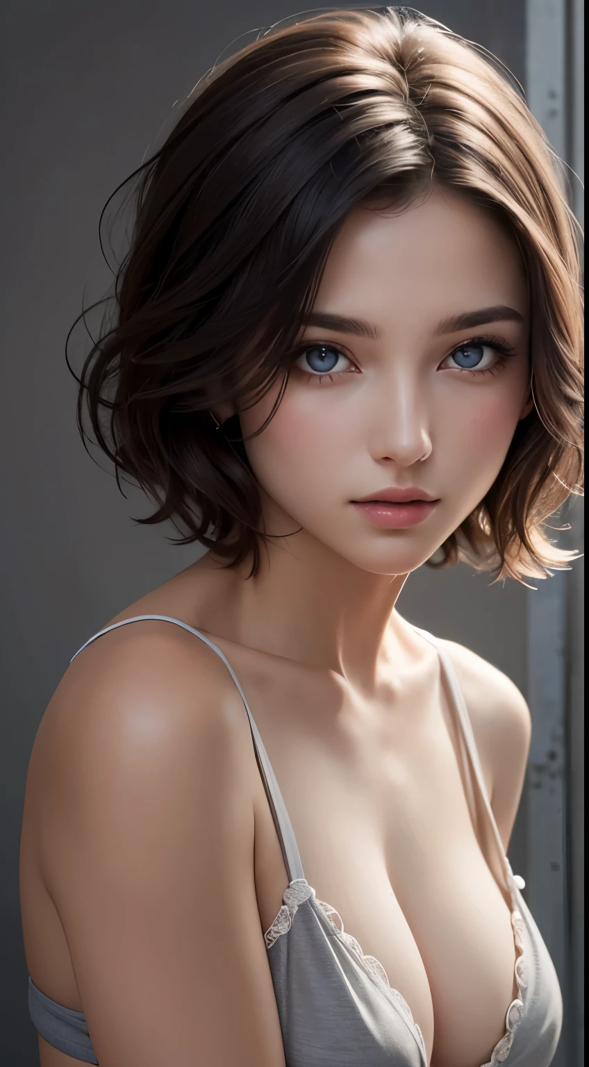 8K uhd、RAWphotograph、モデルphotograph撮影、 European race、(masterpiece、highest quality、Photorealistic、High resolution、photograph:1.3)、Close-up、Focusing、Hot Model、slim、30 year old mature woman、Small face、No makeup、Short Hair、Dark Brown Hair、Fine beautiful eyes、Real Skin、(perfect body)、Sexy hot face、Erotic、Sexual gaze、Detailed beautiful eyes、Glossy lips、Small breasts、Small breasts、Bust B cup、Bright light、Dynamic lighting、realism、Realistic details、Cool beauty、Cool pose、Background gray、Plain grey background