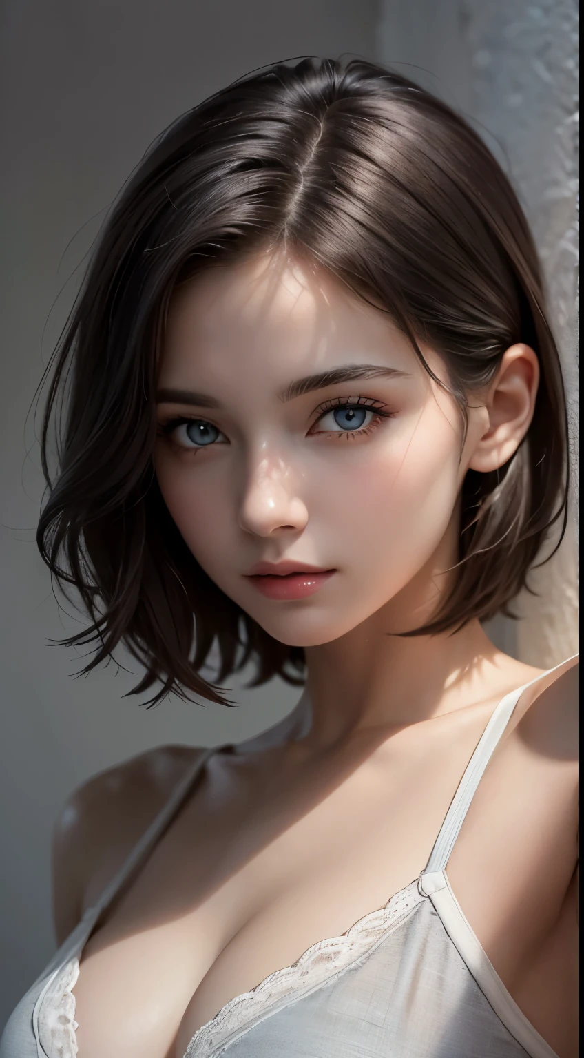 8K uhd、RAWphotograph、モデルphotograph撮影、 European race、(masterpiece、highest quality、Photorealistic、High resolution、photograph:1.3)、Close-up、Focusing、Hot Model、slim、30 year old mature woman、Small face、No makeup、Short Hair、Dark Brown Hair、Fine beautiful eyes、Real Skin、(perfect body)、Sexy hot face、Erotic、Sexual gaze、Detailed beautiful eyes、Glossy lips、Small breasts、Small breasts、Bust B cup、Bright light、Dynamic lighting、realism、Realistic details、Cool beauty、Cool pose、Background gray、Plain grey background