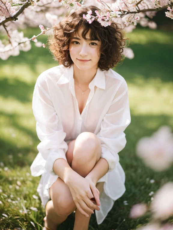 (8k RAW photo, highest quality), ((Pieces fly)), Ultra-high resolution,, movie,( 20-year-old, Narrow Face, 1 girl, Long eyelashes, Eye highlights), Natural skin texture, perfectly balanced face,((White shirt))、((Spring scenery)), (Small breasts), Perm Hair, Fluffy short hair, Messy Hair,(A shy smile、Embarrassed look), Shut your mouth., Beautiful feet, Slimming your legs, alone, (Detailed Background), Blurred Background, Brown Hair, Written boundary depth、1 boy、Refreshing and cool、White shirt