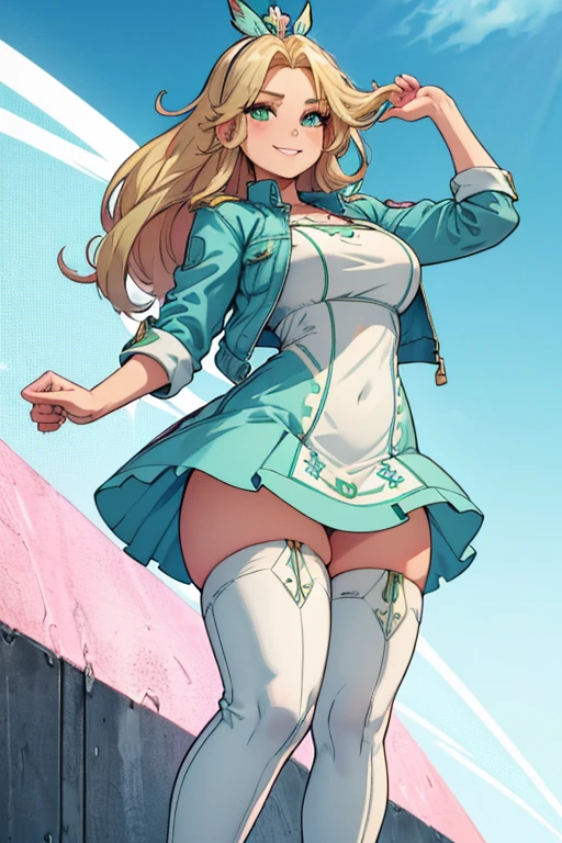 female, blonde flowing hair with green highlights, green eyes, (((1girl))), (((light blue minidress with white trim))), (pink denim cropped jacket), (white thigh high socks), (black boots), cute and sexy, full body, large breasts, large butt, long legs, smiling