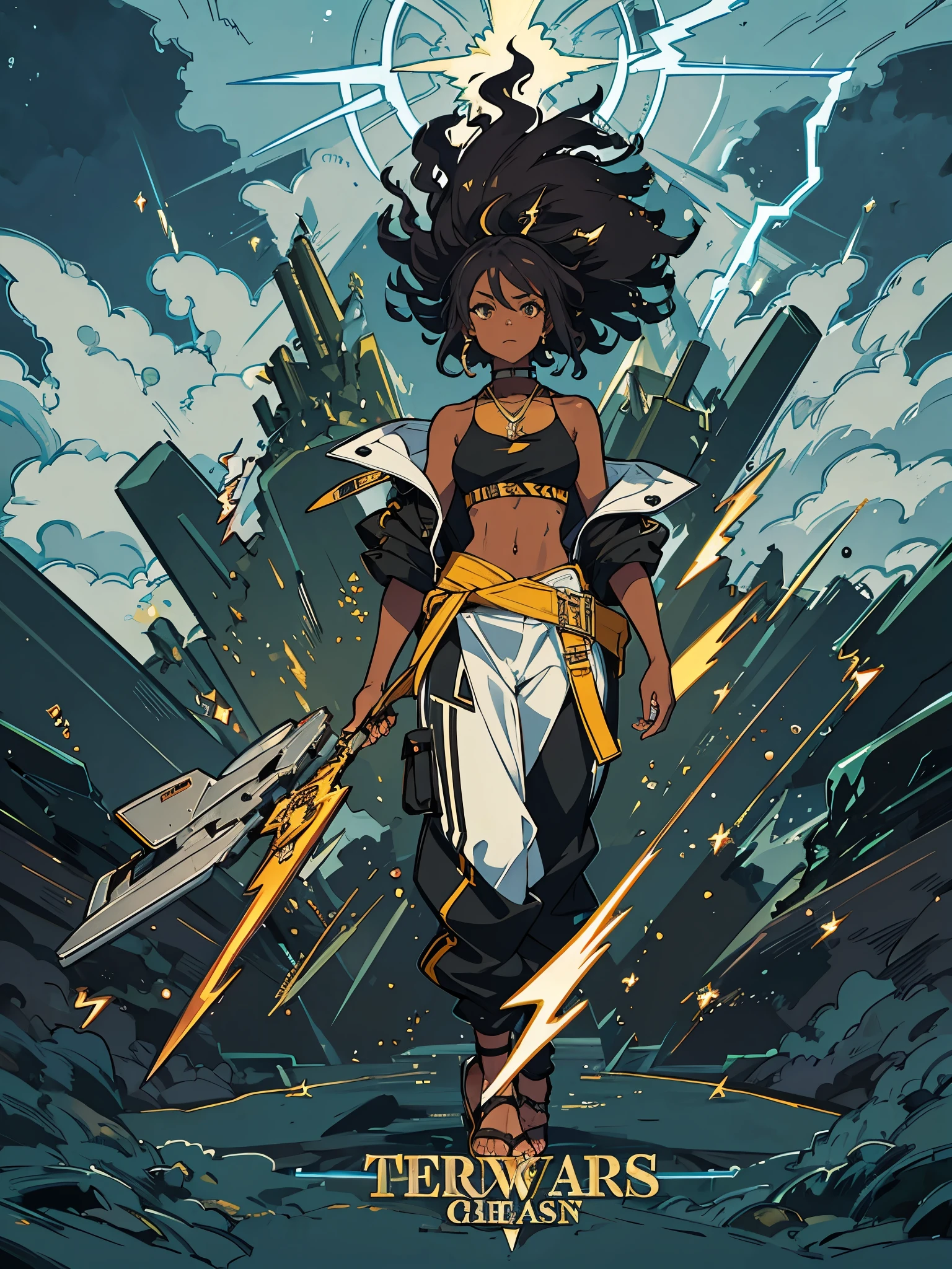 Dark skinned woman, Afro, two-tone hair, harem pants, tank top, jacket around waist, standing in vast grassy field, sandals, night, lightning in sky, emitting lightning, highly detailed