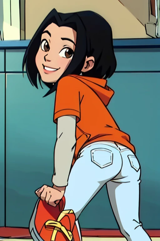 jadechan, short black hair, brown eyes, orange hoodie, short sleeves, white long sleeves, blue jeans pants, Red sneakers, looking at viewer, shy, masterpiece, full length, ass, tilted, happy smiling, flat torso, short lift,