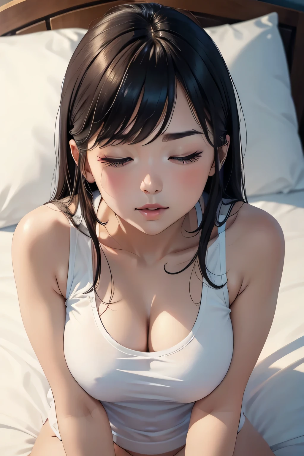 An attractive woman lying on bed, head resting on a pillow, facing us, with her eyes closed and mouth slightly open, expressing pleasure and sensual enjoyment. She is wearing a white tank top that exposes her bare shoulders, and her eyebrows are slanted suggestively.