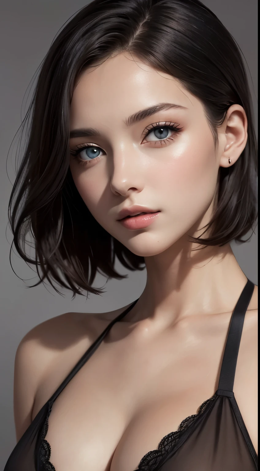 8K uhd、RAWphotograph、モデルphotograph撮影、 European race、(masterpiece、highest quality、Photorealistic、High resolution、photograph:1.3)、Close-up、Focusing、Hot Model、slim、30 year old mature woman、Small face、No makeup、Short Hair、Dark Brown Hair、Fine beautiful eyes、Real Skin、(perfect body)、Sexy hot face、Erotic、Sexual gaze、Detailed beautiful eyes、Glossy lips、Small breasts、Small breasts、Bust B cup、Bright light、Dynamic lighting、realism、Realistic details、Cool beauty、Cool pose、Background gray、Plain grey background