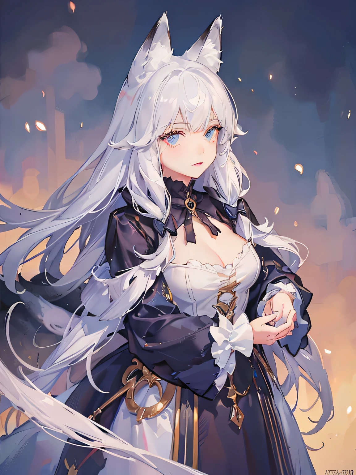 White hair and blue eyes、adult、Long, fluffy wavy hair、Braiding、Wearing hair ornaments、Princess、White gloves、Wearing a lace dress、Being in the water、Fantasy