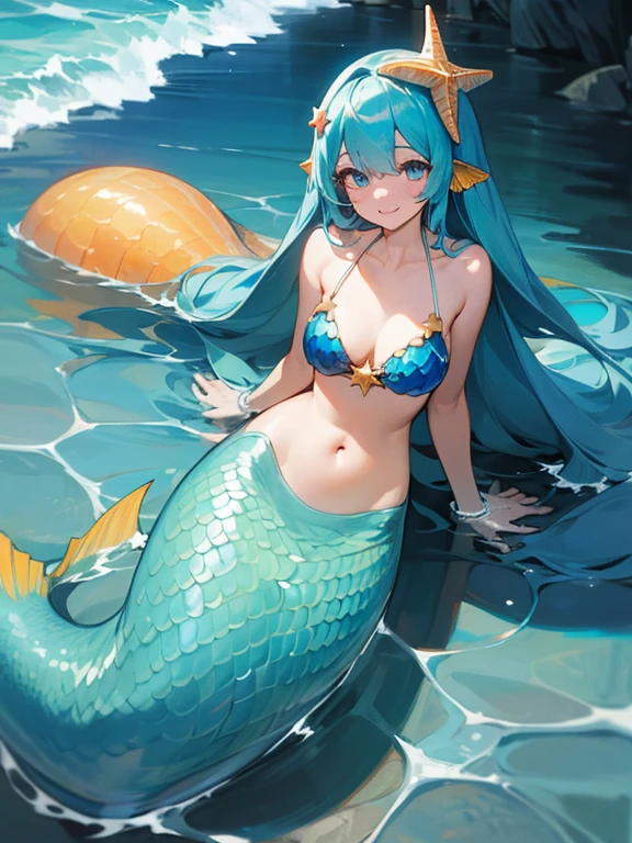 Masterpiece, best quality, expressive eyes, perfect face, mermaid, 1girl, monster girl, solo, head fins, long hair, breasts, blue hair, star hair ornament, navel, shell bikini, stony shore background, shell, smile, hair ornament, ocean background