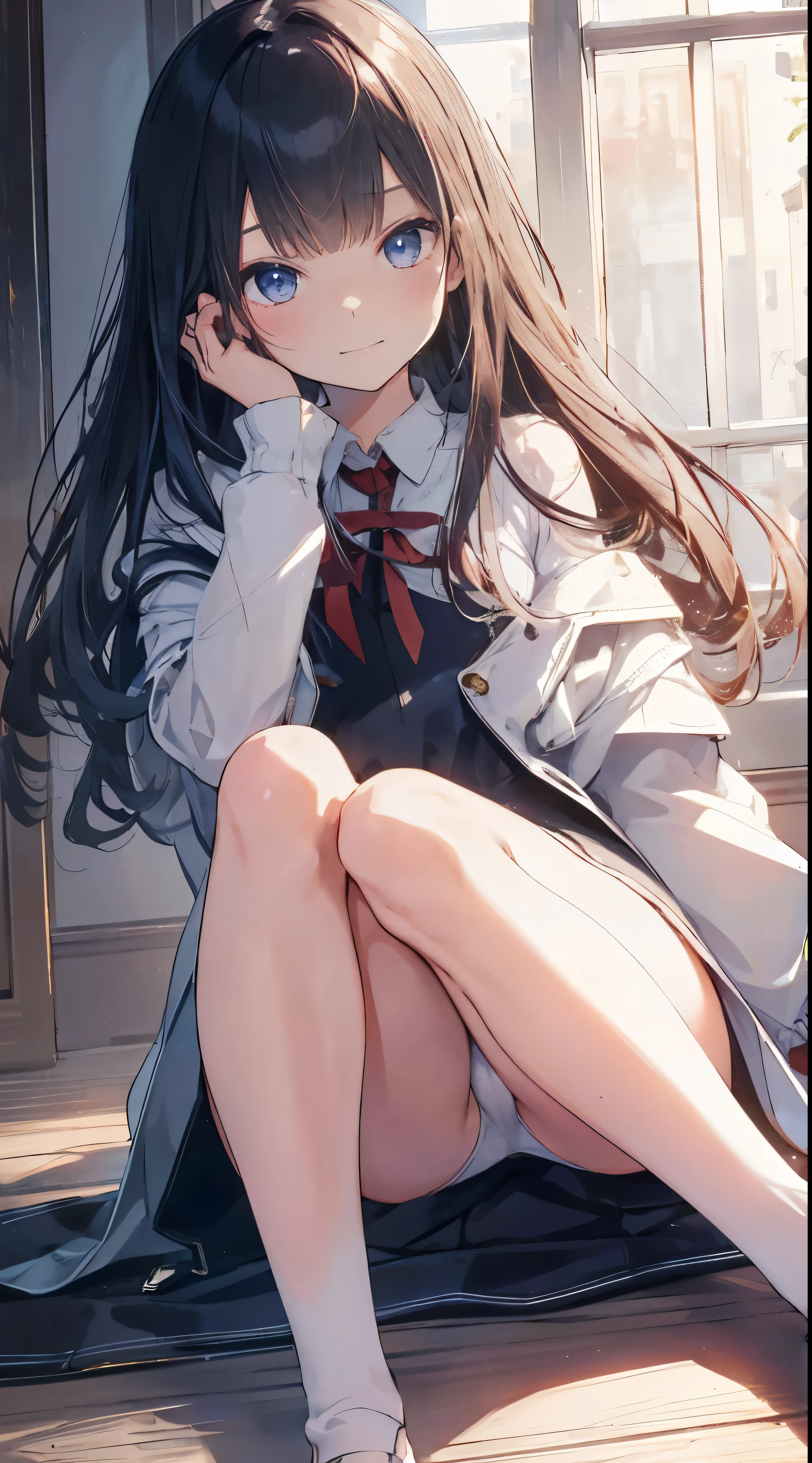 Masterpiece、Highest quality、highest quality、(((Lori)))、 ((((Petite))))、Shiny hair quality、Small face、Sitting、Super detailed, beautiful, wide eyes、Ultra-detailed, clear and beautiful faces、(cute illustration:1.2), High-resolution, ultra-detailed, best quality, embarrassed 、Cute white underwear、Thighs