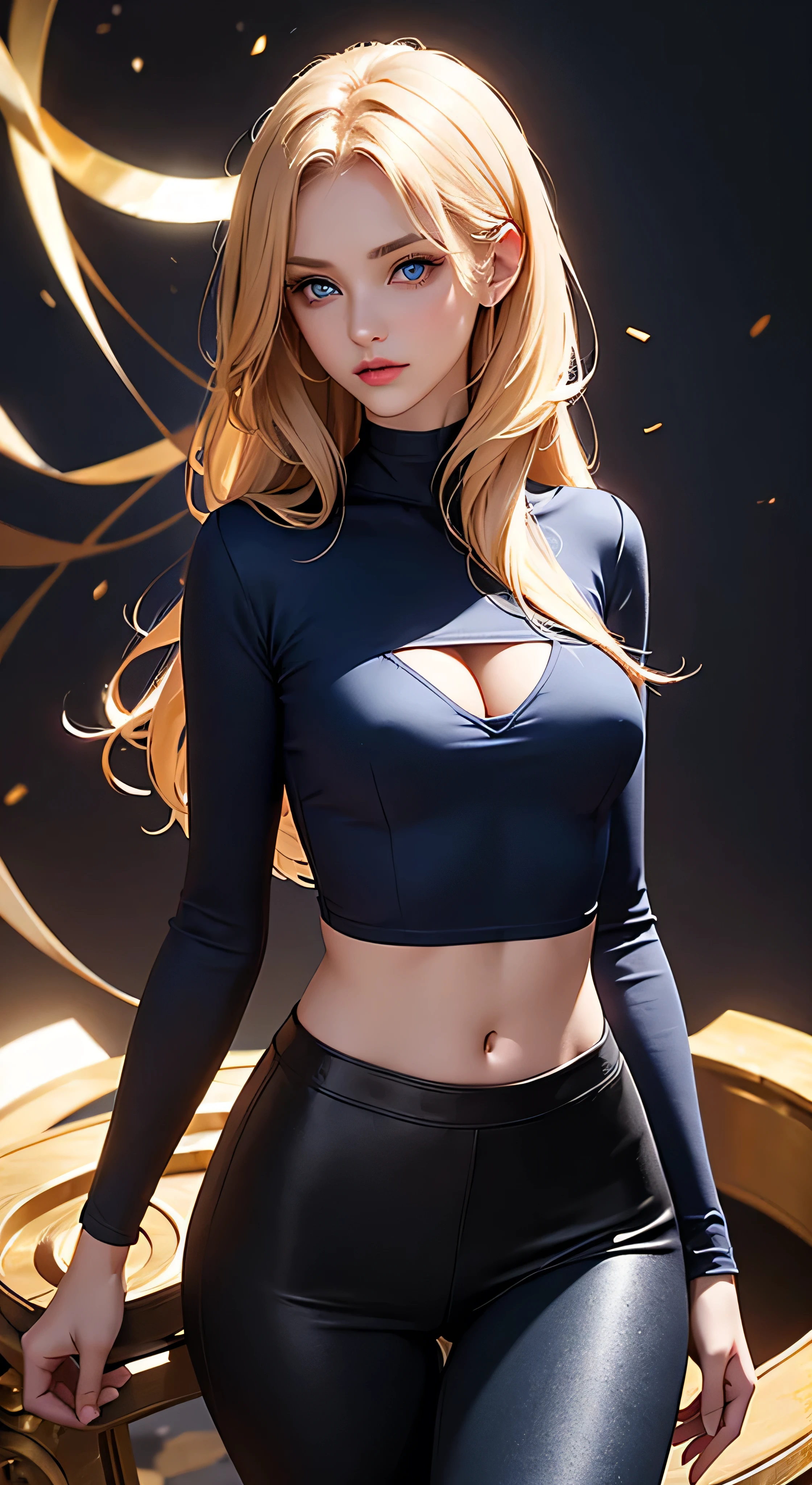 russian beautiful girl in golden and dark blue top and small cleavage line, medium breast, beautiful blue eyes, black jeggings, puffy , medium ,