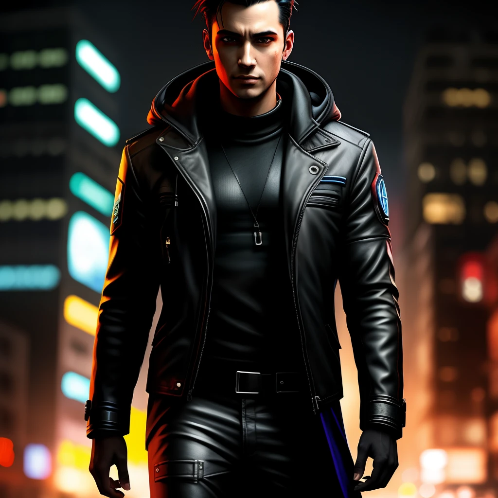 homem cyberpunk, sob chuva, jaqueta de couro, dramatic, hdr, fundo complexo, cinemactic, film, (rutkowski, artstation: 0.8), encharcado