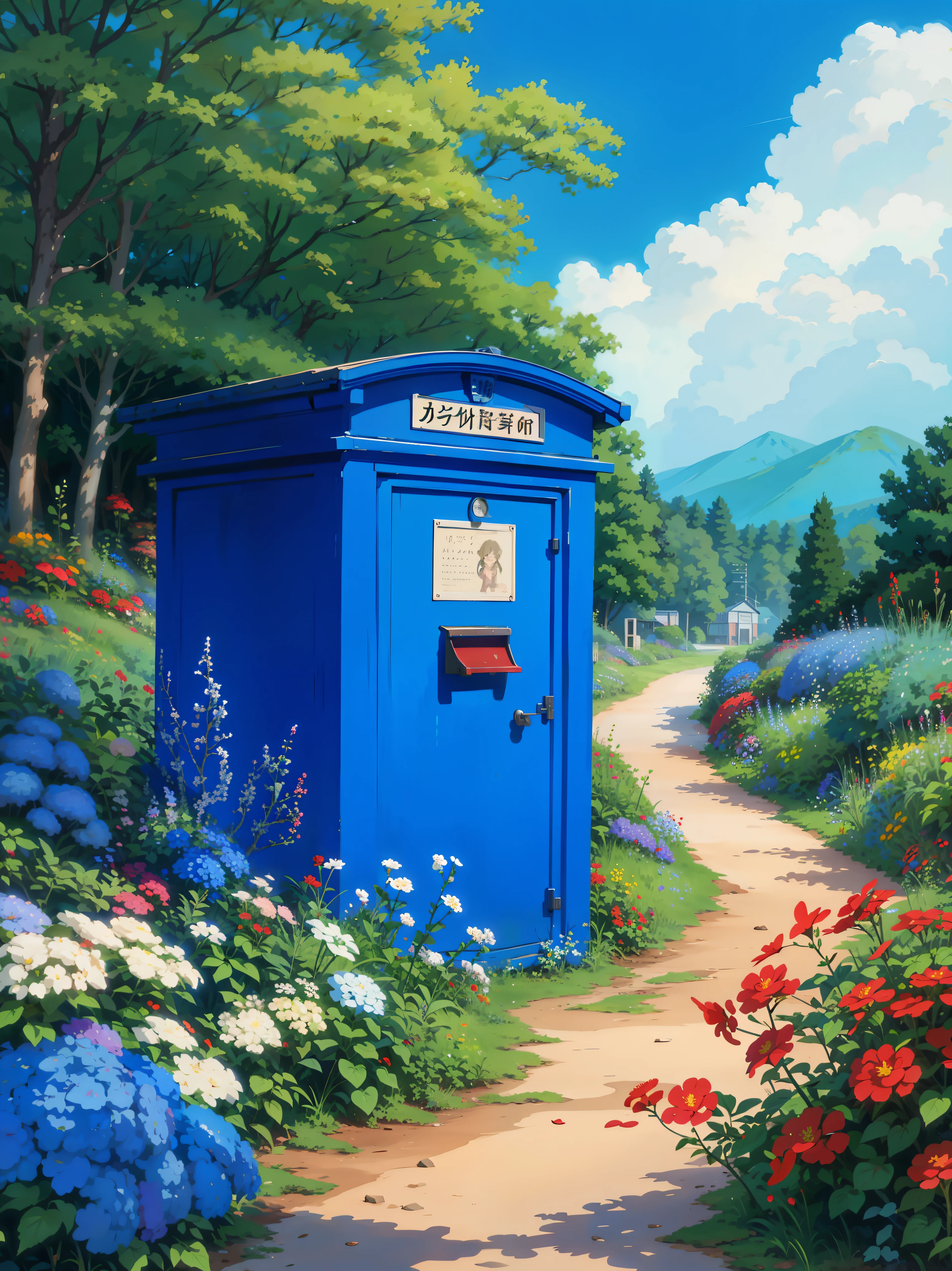 a painting of a red post box roadside surrounded by blue flowers, trees, plants, greenery, multicolored flowers, dirt road, letterbox, ghibli studio art, blue wall, studio ghibli environment, by Shin Yun-bok, hydrangea, postage, wall ], postapo, blue flowers, ghibli studio style, studio ghiblil, phthalo blue, by Kaii Higashiyama, detailed key anime art, illustation, a beautiful artwork illustration, beautiful digital painting, highly detailed digital painting, beautiful digital artwork, detailed painting 4 k, very detailed digital painting, rich picturesque colors, gorgeous digital painting